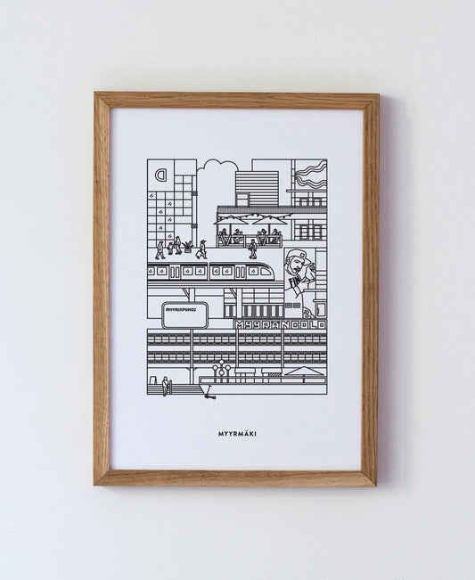 Myyrmäki juliste A4 mustavalkoinen
