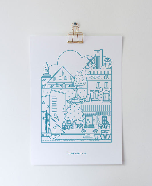 Uusikaupunki juliste sininen printti
