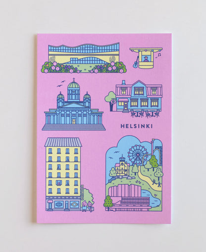 Vaaleanpunainen Helsinki-postikortti